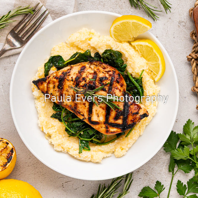 Grilled Rosemary Chicken over Grits and Spinach