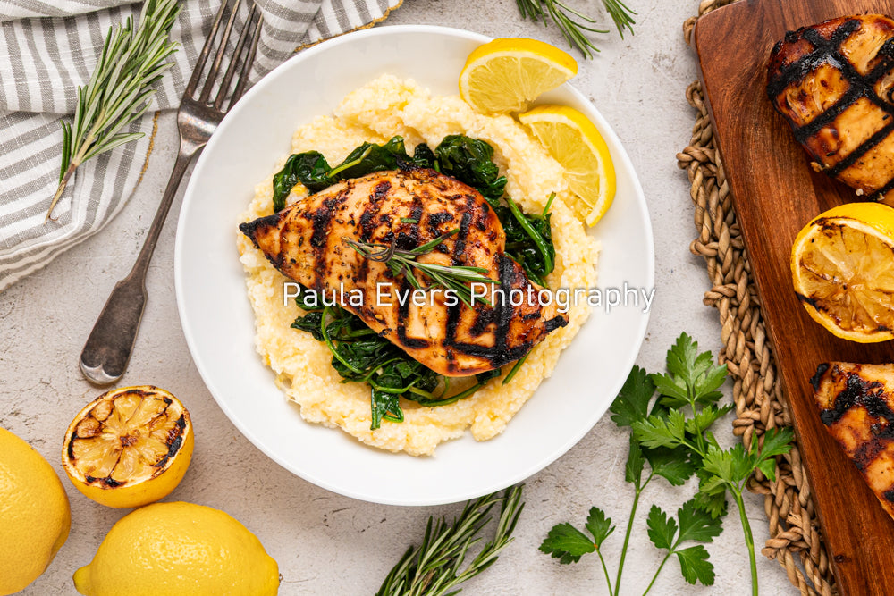 Grilled Rosemary Chicken over Grits and Spinach