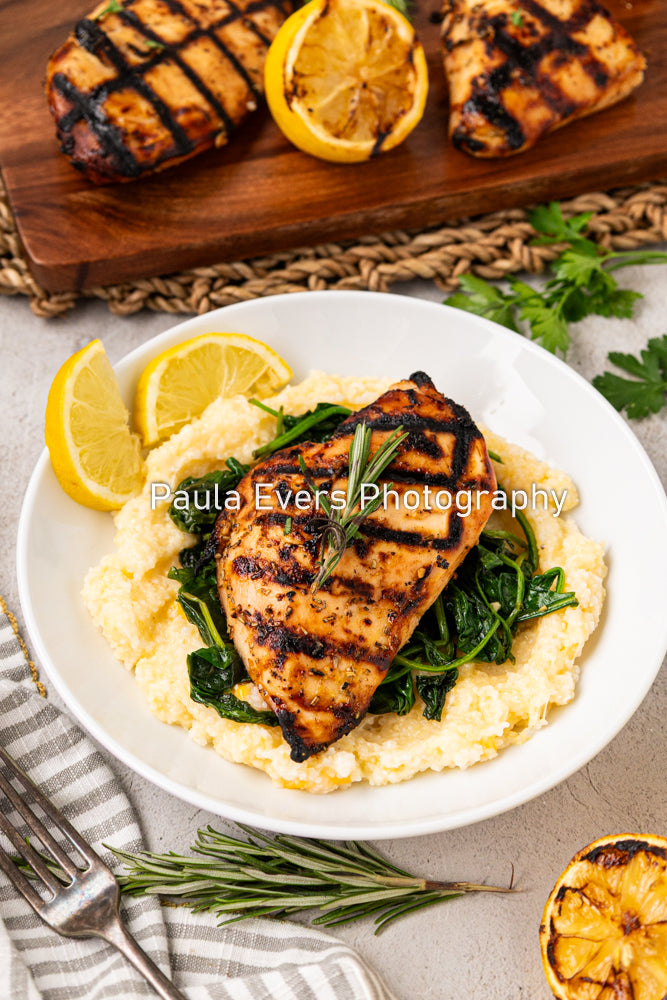Grilled Rosemary Chicken over Grits and Spinach