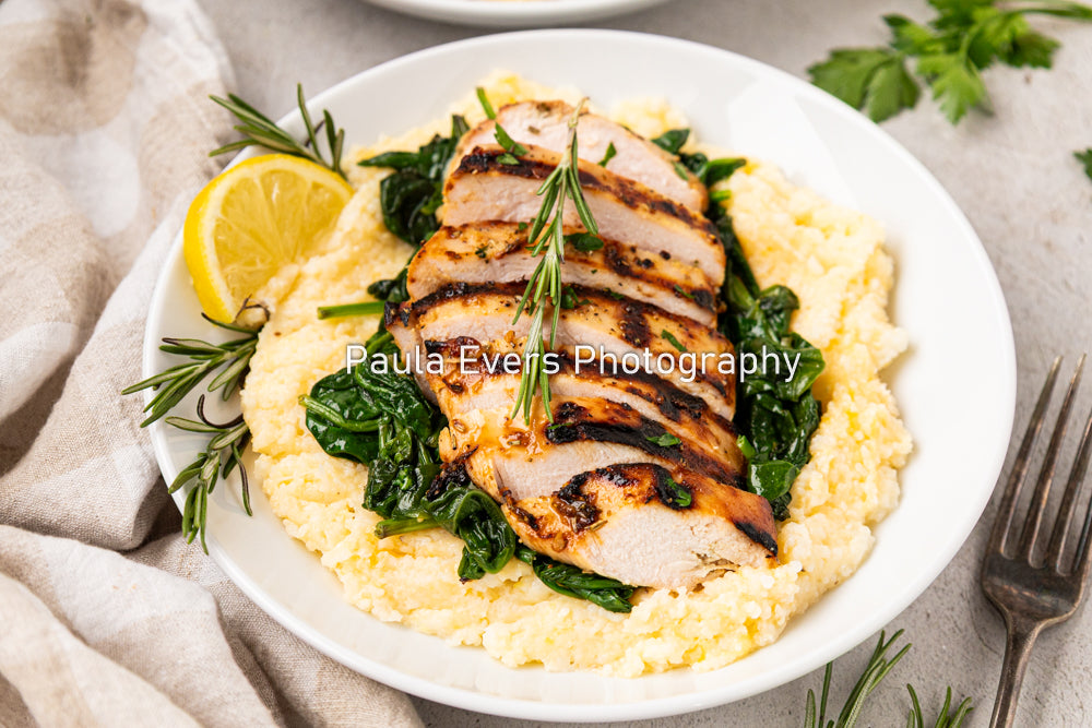 Grilled Rosemary Chicken over Grits and Spinach