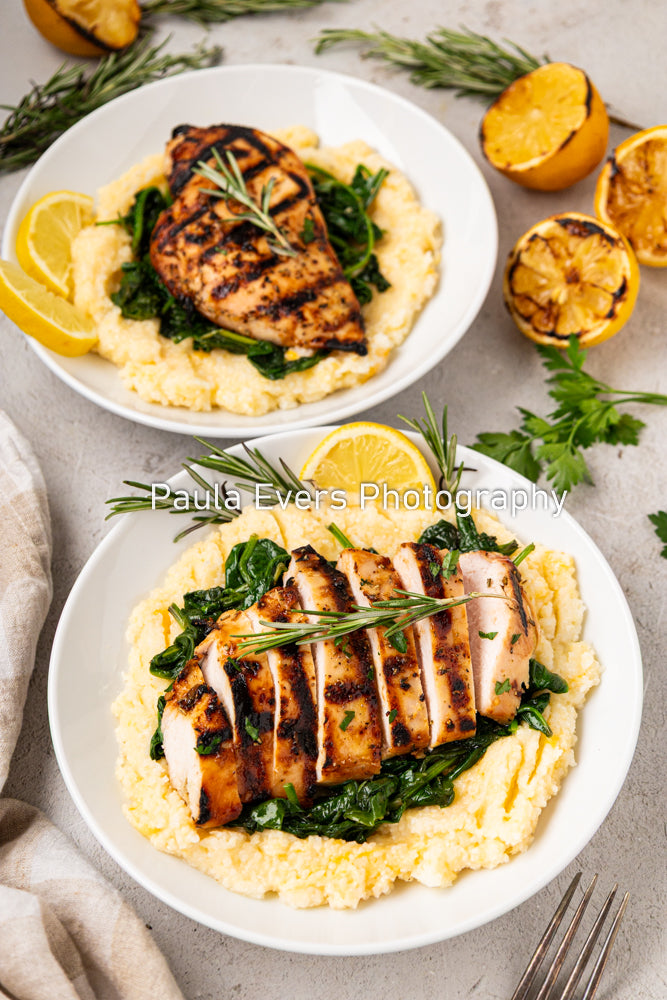 Grilled Rosemary Chicken over Grits and Spinach