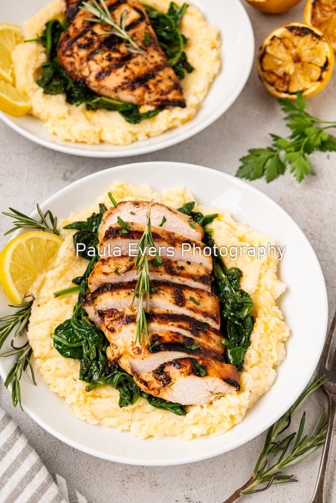 Grilled Rosemary Chicken over Grits and Spinach