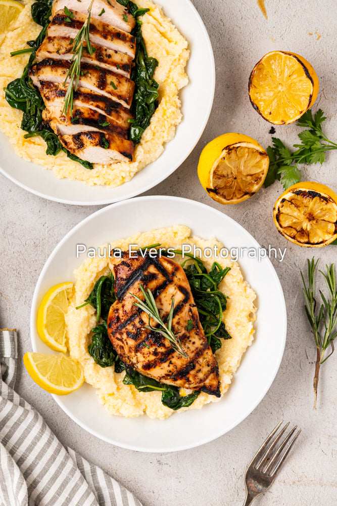 Grilled Rosemary Chicken over Grits and Spinach