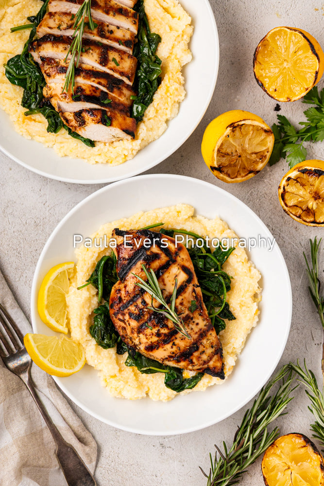 Grilled Rosemary Chicken over Grits and Spinach
