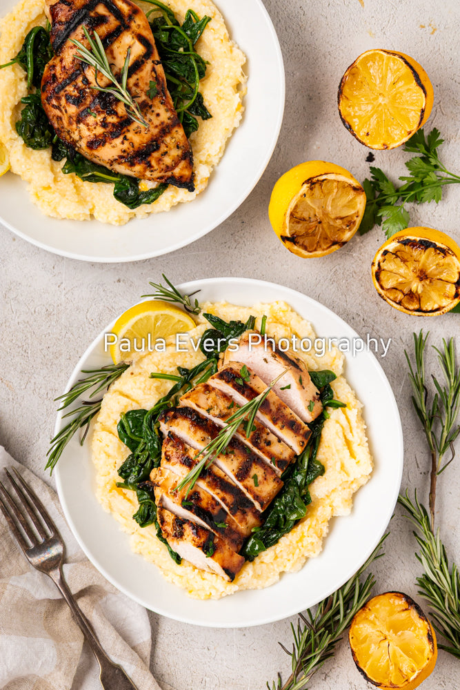 Grilled Rosemary Chicken over Grits and Spinach