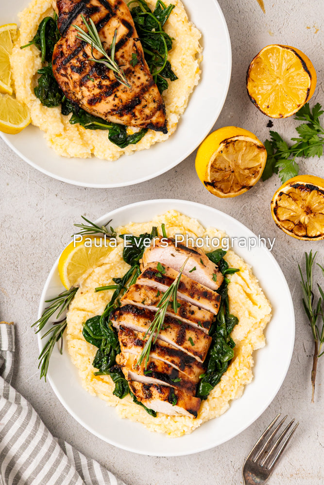 Grilled Rosemary Chicken over Grits and Spinach