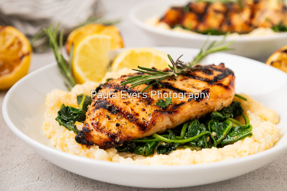 Grilled Rosemary Chicken over Grits and Spinach
