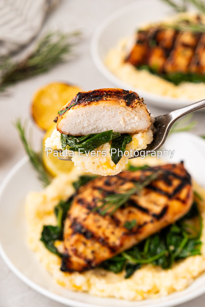 Grilled Rosemary Chicken over Grits and Spinach