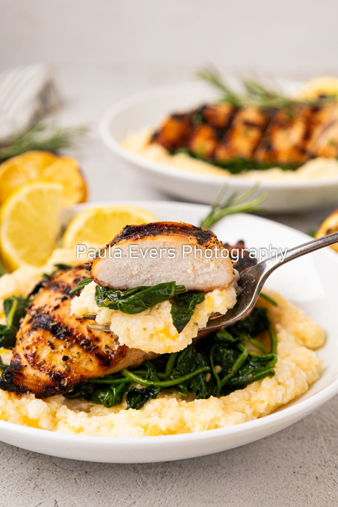 Grilled Rosemary Chicken over Grits and Spinach